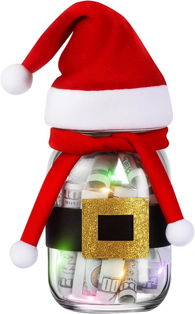 Chengu Christmas Cash Gifts Money Holder, Glass Xmas Mason Jars with Santa Hat, Scarf and Belt, Light up Celebration Table Decorations DIY Holiday Money Gift for Teen Women Men Mom Dad