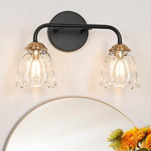 Antique 2 Light Bathroom Light Fixtures, Black and Gold Vanity Lights for Bathroom, Vanity Light Fixture with Clear Glass, Vintage Bathroom Lights over Mirror, Wall Sconce for Bedroom, Living Room (14.17in)