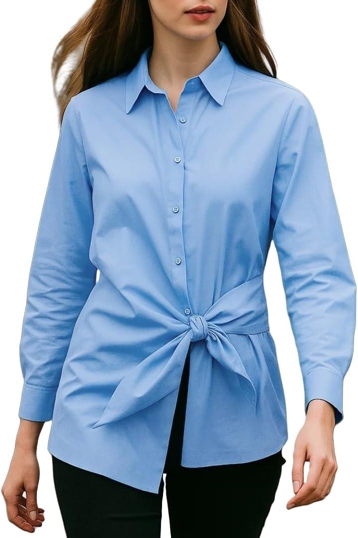 Womens Button Down Tie Front Shirt Long Sleeve Collared Pull on Blouse for Office Work Casual Wear (XL)