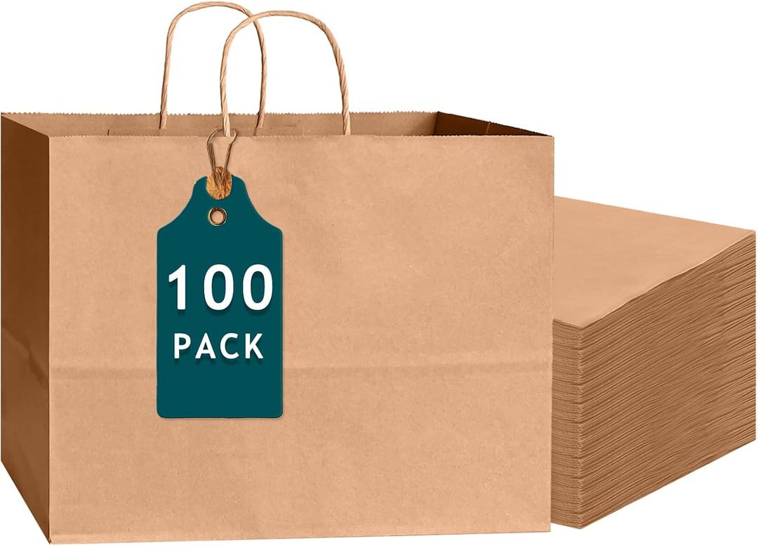 Bakepacker 100-Pack Wide Large Size Paper Bags With Handles Bulk 12.6"x4.3"x10" Brown Party Kraft Shopping Bags