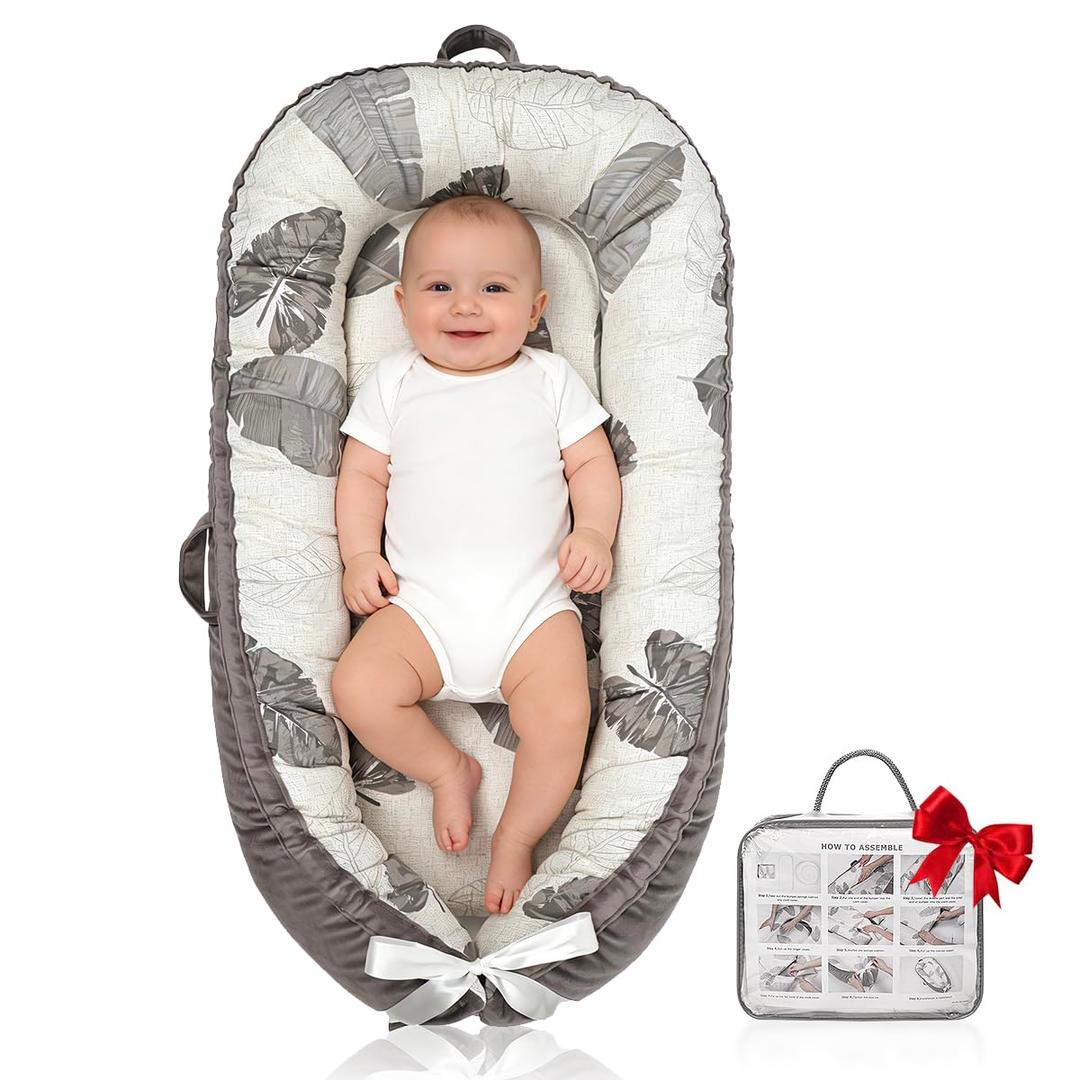 Baby Lounger | Organic Cotton Infant Lounger | Reversible, Adjustable & Portable Floor Lounger | Soft, Breathable, Washable Cover (Grey leaves)