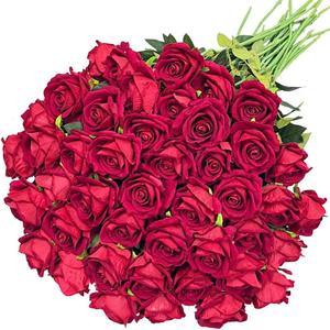50PCS Artificial Roses 4.14'' Realistic Velvet Large Silk Flowers Long Stem Faux Flowers Bouquet for Wedding Home Party Table Centerpieces Decorations (Red)