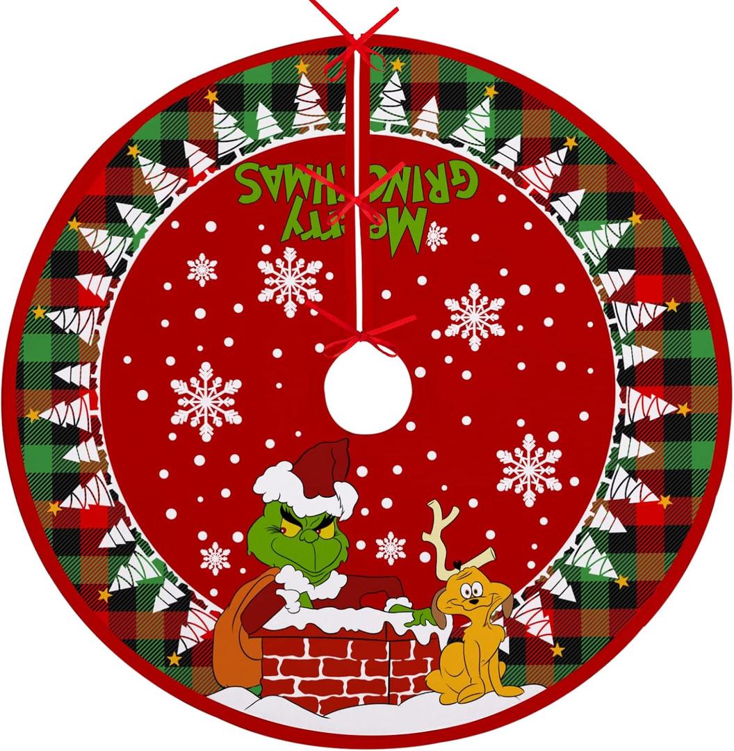 Merry Christmas Tree Skirt 48 Inches, Xmas Large Lace-up Red Green Buffalo Plaid Check Tree Skirt, Santa Max Snowflakes Rustic Home Decorations New Year Holiday Party Farmhouse Decor