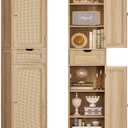 TEENFON 67" H Tall Storage Cabinet with 2 Rattan Doors and 1 Drawer, Narrow Rattan Cabinet with Adjustable Shelves, for Living Room, Entryway, Kitchen, Natural, 11.8"D x 15.7"W x 67.1"H