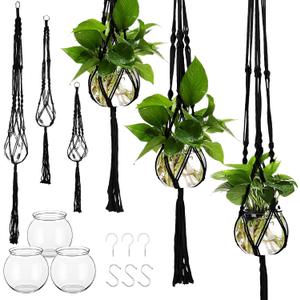 Colingmill 6 Pcs Plastic Plant Propagation with Boho Macrame Hanger Wall Plant Propagation Station Hanging Holder Include Hooks Kit for Indoor Home Garden Office Decor 3 Size (Black)