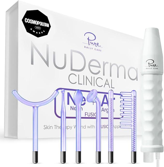 Pure Daily Care NuDerma Clinical Portable Skin Therapy Wand, Machine with 6 Fusion Neon + Argon Wands – Anti Aging Clarifying Skin Tightening & Radiance Wrinkle Reducing, 7 Piece Set