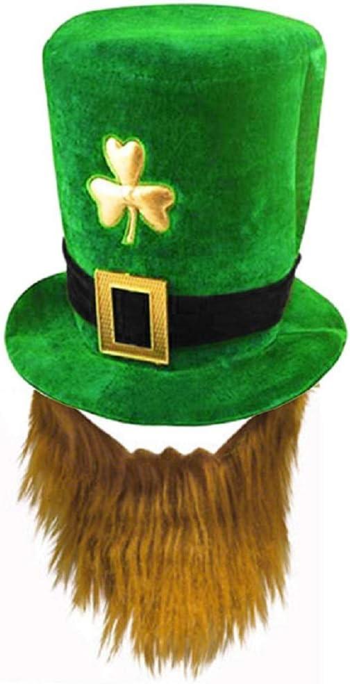 St. Patrick's Day Green Leprechaun Top Hat with Beard Irish Shamrock Velvet Hat (Brown)