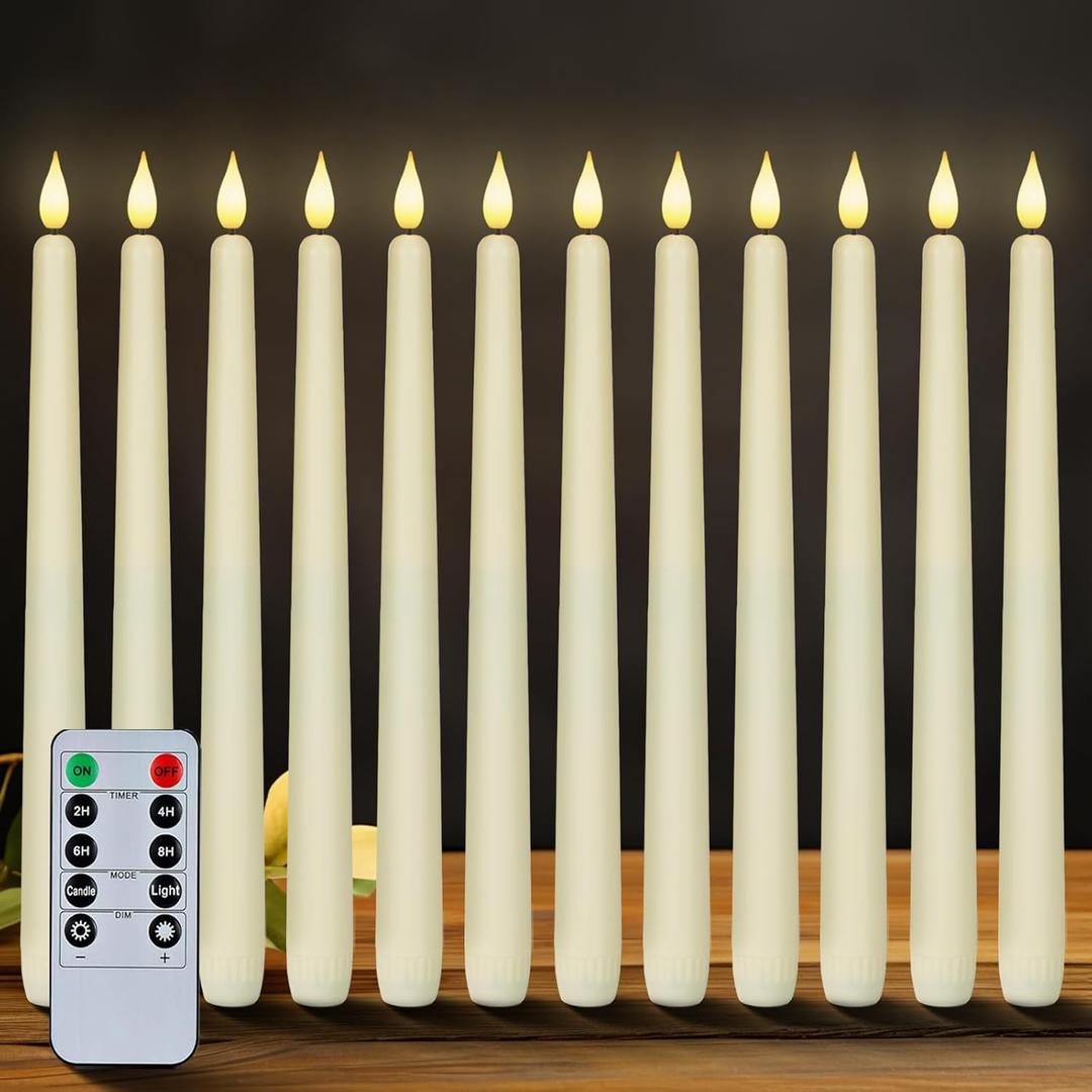 Homemory 12 Pcs Flameless Taper Candles with Remote Timer Dimmer, 11 inches Ivory Taper Candles Battery Operated, Plastic LED Candlesticks with Flickering Flame for Halloween Christmas Church Wedding