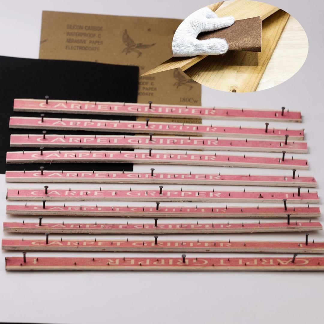 ifish 10PCS Carpet Tack Strips with Nails, with 180 Grit Sandpaper for Tufting Frame Concrete Subfloor Stairs Rug Gripper Adhesive Installation Helper