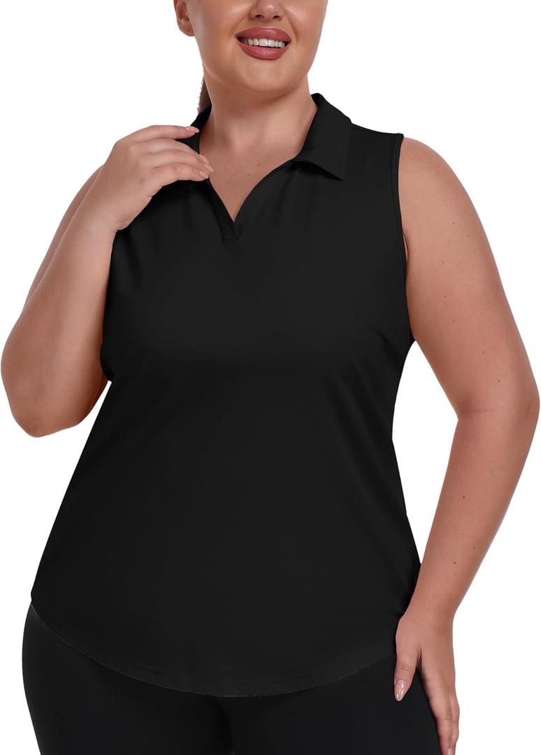MoFiz Women's Plus Size Sleeveless Golf Polo Shirt Racerback V-Neck Pickleball Golf Tops Summer Workout Collared Tennis Tops Black 5XL