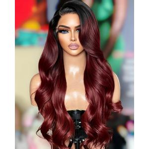 Synthetic 13x4 HD Lace Front Wigs Pre Plucked 26 Inch Long Wavy Ombre Burgundy with Black 100% Futura Premium Lace Wigs For Black Women Ready to Wear Daily Party Use