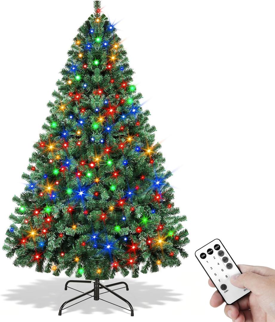 Prelit Christmas Tree 6ft with Remote Control, 8 Light-Modes Artificial Christmas Trees with Lights, Xmas Tree with 1000 Thick Branch Tips & 250 Lights, Easy Assembly Holiday Dcor for Home
