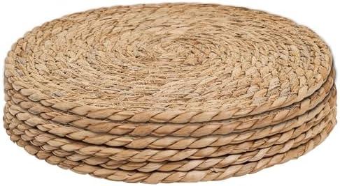 6Pcs 12" Round Woven Rattan Placemats,Natural Hand-Woven Water Hyacinth Placemats,Farmhouse Weave Place Mats,Rustic Braided Wicker Table Mats (12inch Set of 6)