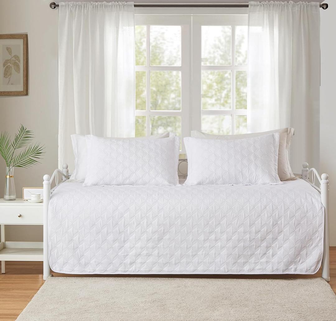 Hailea 3 Piece White Daybed Cover Twin Size Cozy Daybed Sets Bedding Double Sided Quilting Cover Set Geometric Print Bedspread Coverlet All Season for Twin Bed with 2 Standard Shams, White, 39"x75"