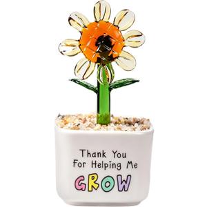 Teacher Appreciation Gift, Thank You for Helping Me Grow Hand Blown Glass Flower in Ceramic Pot, Meaningful Thank You Gift for Teacher, Mentor, Graduation or Retirement Desk Decor