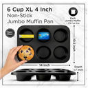 Wrenbury Jumbo Muffin Pan 6 Cup - Nonstick XL Deep Muffin Pan for Baking 4" Cup - Oversized Extra Large Cupcake Mold - Dishwasher Safe - PTFE Free - 446°F Oven Safe