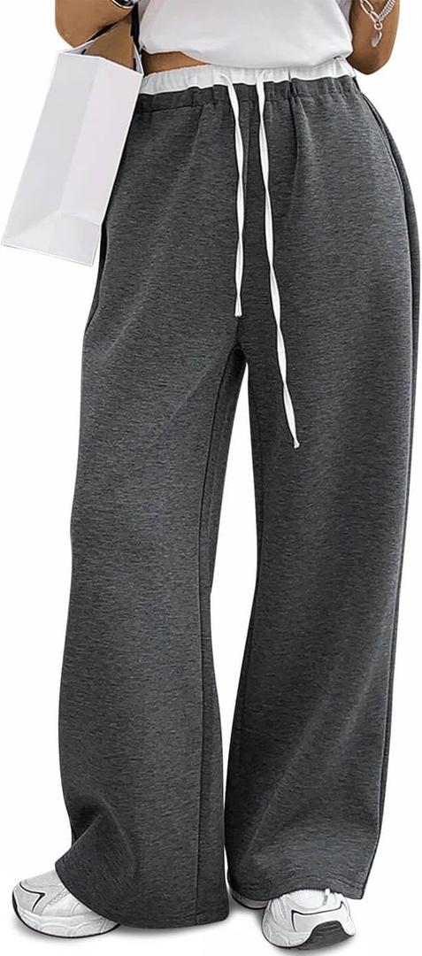 HeSaYep Women's Wide Leg Sweatpants High Waist Baggy Sweat Pants Straight Leg Drawstring Elastic Waisted Pants with Pockets (Gray, S)