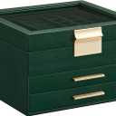 SONGMICS Jewelry Box Organizer with Glass Lid, 3-Layer Jewelry Storage, with 2 Drawers, Modern Style, 8 x 9.1 x 5.3 Inches, Forest Green and Gold Color UJBC239C01