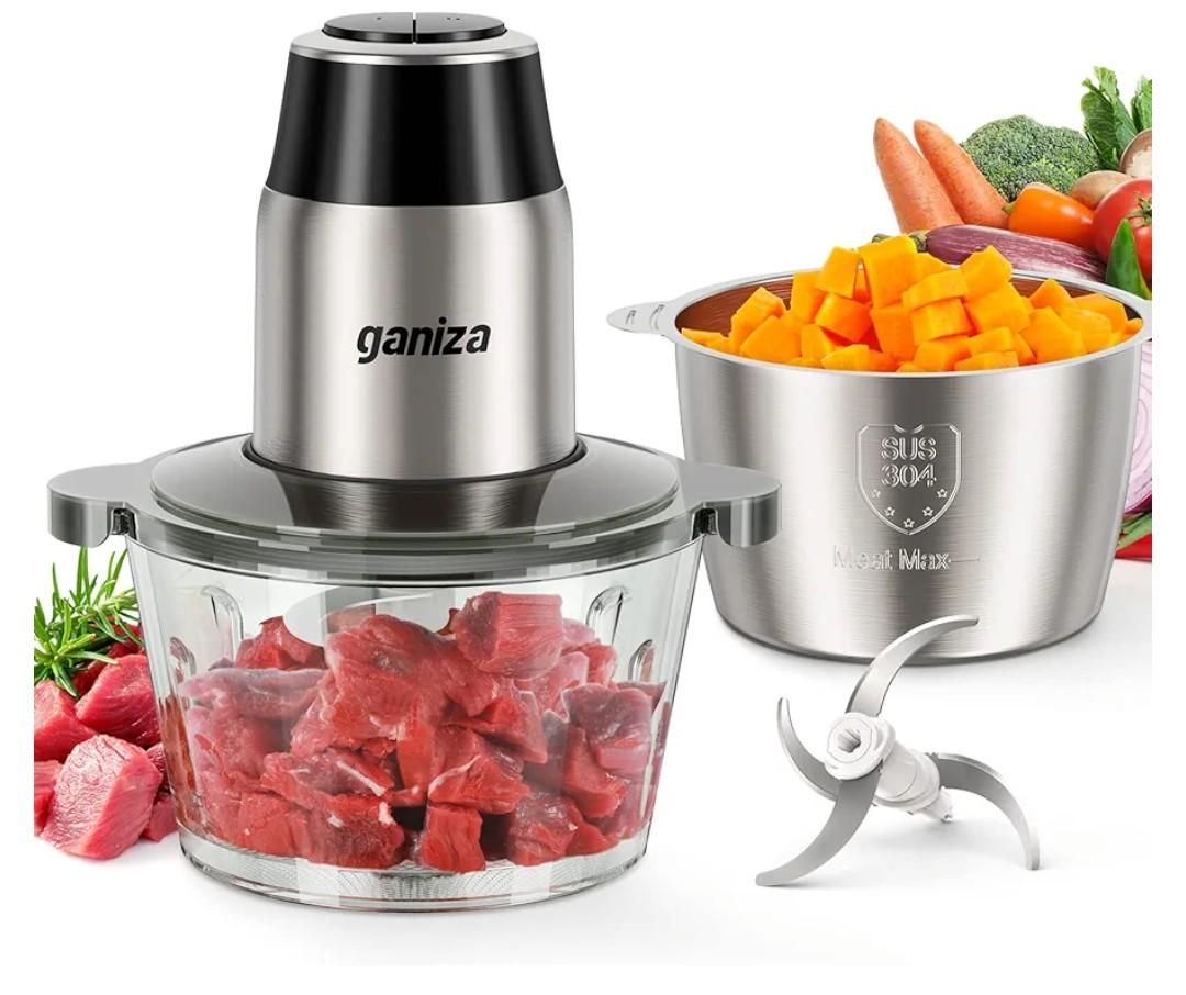 GANIZA Food Processors, Electric Food Chopper with Meat Grinder & Vegetable Chopper - 2 Bowls (8 Cup+8 Cup) with Powerful 450W Copper Motor - Includes 2 Sets of Bi-Level Blades for Fruits/Meat/Nuts