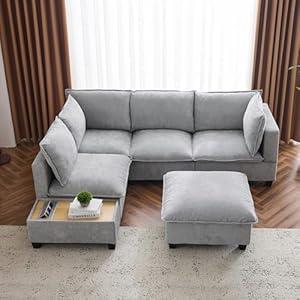 Merax Modern 90" U-Shaped Chenille Sectional Sofa Set, Modular Sofa Couch with a Movable Ottoman, a Coffee Table with Hidden Charging Devices for Living Room, Grey