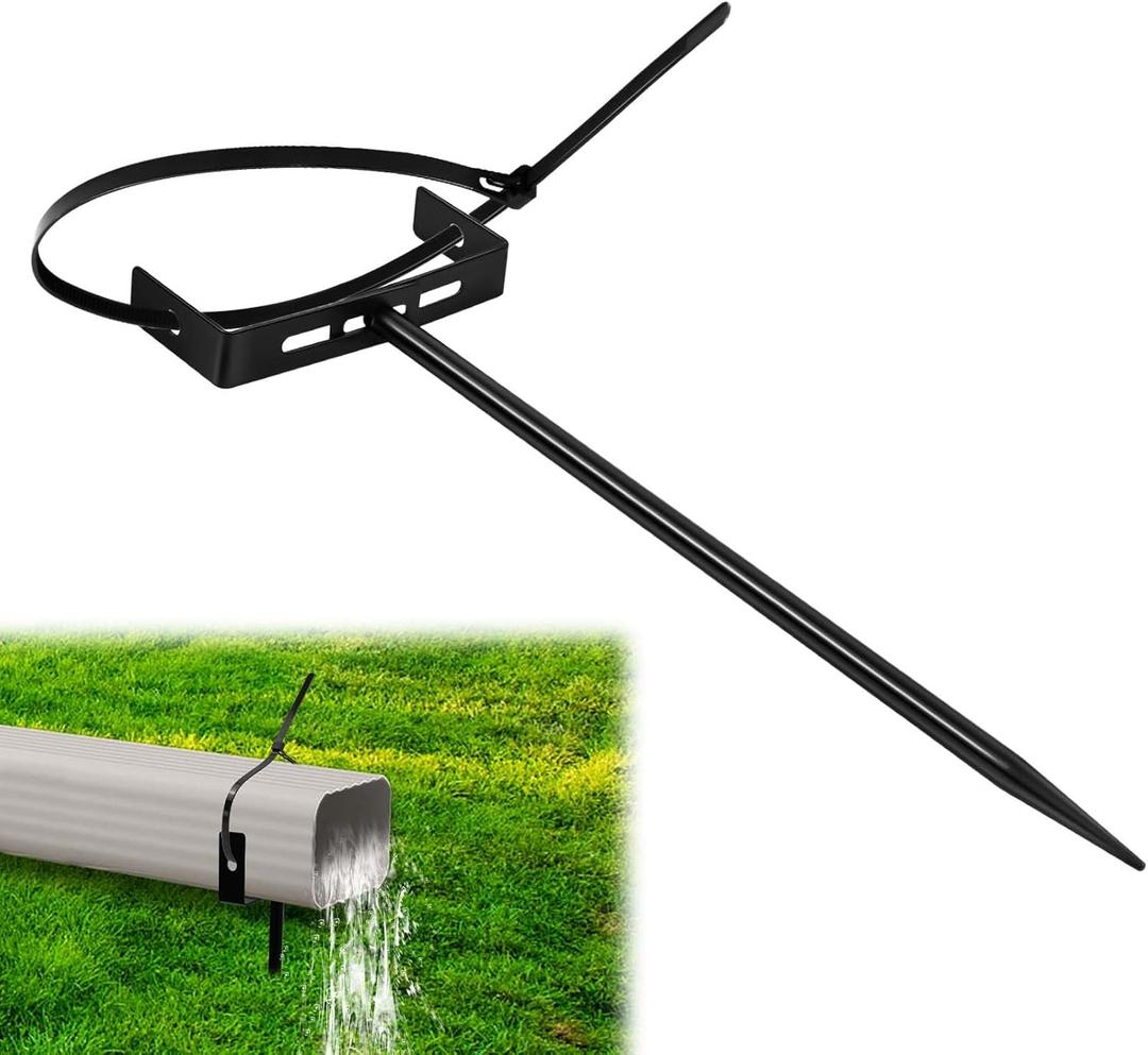 1 Pack Rainwater Downspout Bracket with Strap, Adjustable Heavy Duty Metal Gutter Downspout Bracket Black Longer Downspout Holder Stake Rust-Proof Downspout Extension Anchor Pipe Support for Lawn Yard