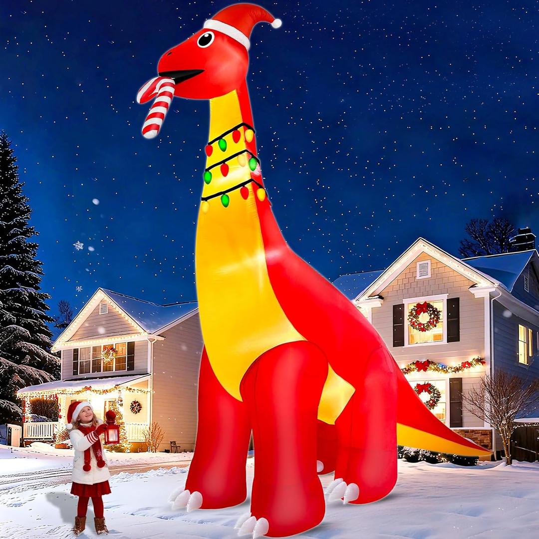 16Ft Ht x 18FT Long Super Giant Christmas Inflatable Dinosaur with Candy Cane Blow Up Yard Decorations with Built-in Lights Christmas Decoration Outdoor for Holiday Yard Lawn Party Xmas Decor Outside