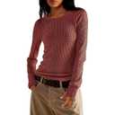 GRECERELLE Waffle Knit Long Sleeve Shirts for Women Crew Neck Slim Fitted Going Out Tops Y2k Outfits Black-S