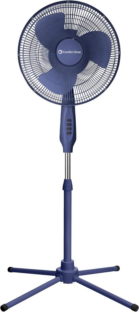 Comfort Zone 16-Inch Oscillating Pedestal Fan 3-Speed High-Velocity Cooling, Adjustable Height & Tilt, Quad-Pod Folding Base, Blue ETL Listed