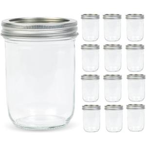 Yodecy 12 Pack 16 oz Wide Mouth Clear Mason Jars with Silver Metal Lids, Canning Jars for Overnight Oats, Food Storage, Dry Food, Snacks, Candies and More