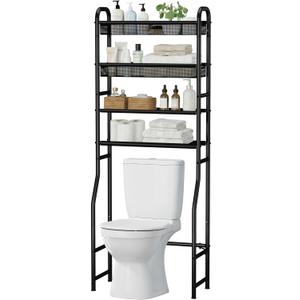 4-Tier Over The Toilet Storage Shelf and Rack | Above Toilet Organizer with Metal Frame & Vinyl Mesh, Space-Saving Unit for Bathroom and Laundry Room, Black