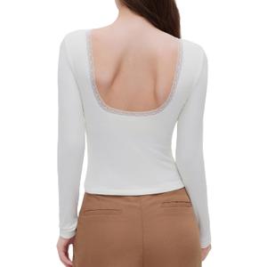 OMKAGI Backless Going Out Tops for Women Fitted Long Sleeve Double Layer Lace Shirts (White, S)