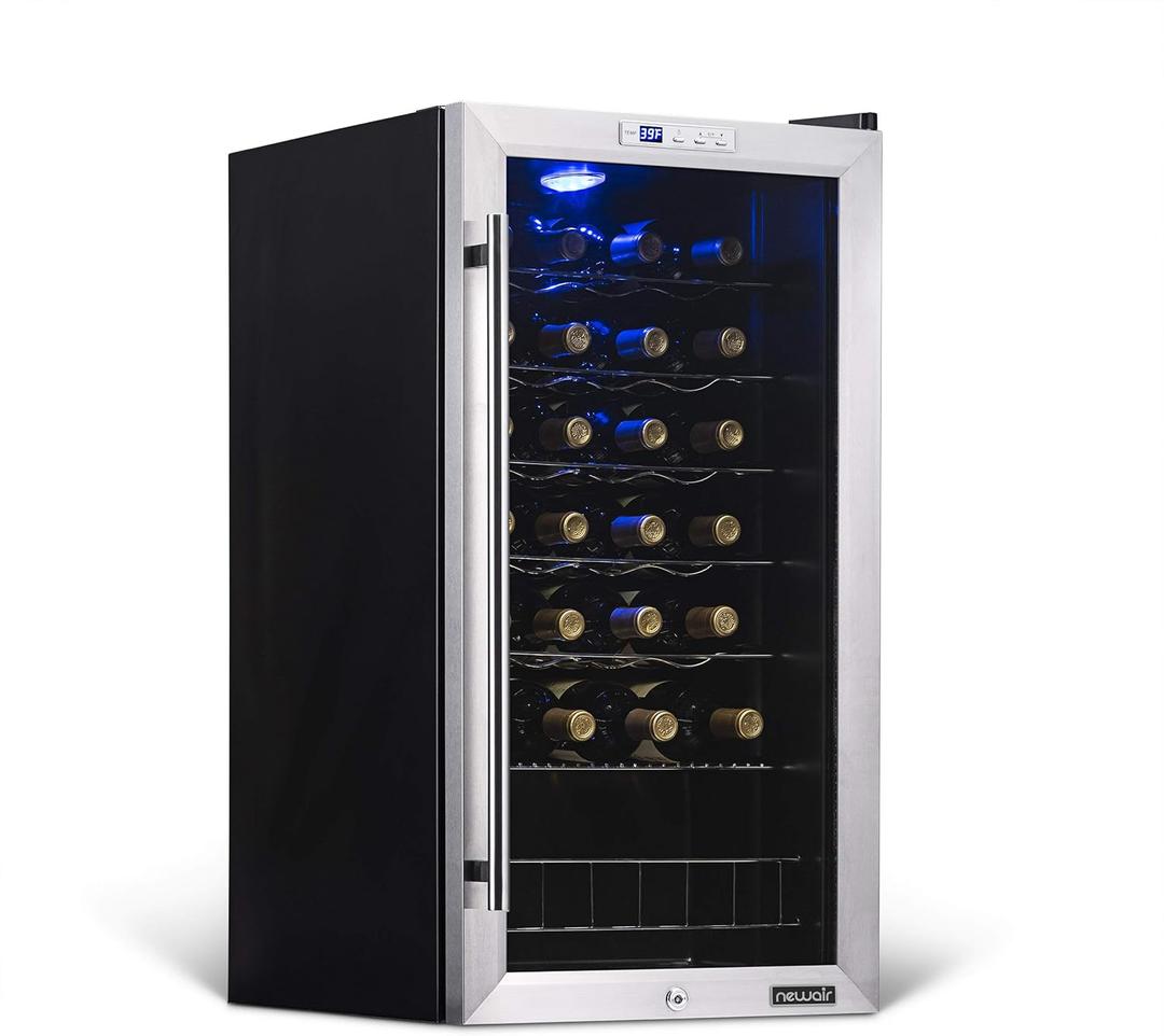 NewAir 27 Bottle Wine Fridge, Freestanding or Built-In Refrigerator, Stainless Steel Cooler, UV Protected Glass Door with Lock and Handle, Compressor Cooling