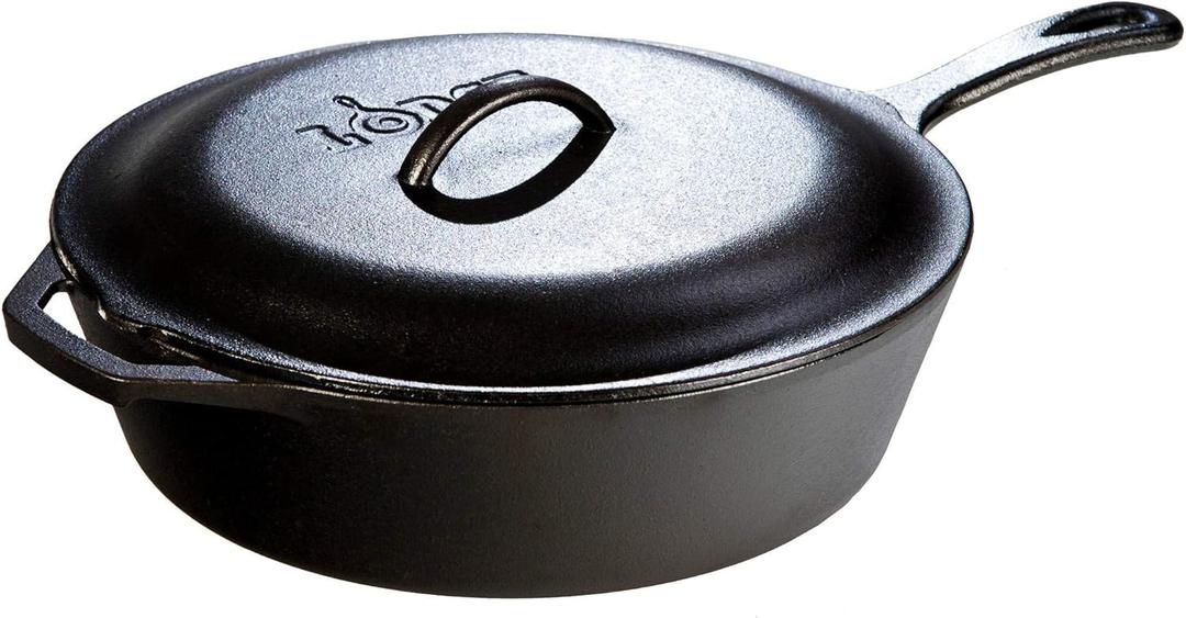 Lodge 5 Quart Pre-Seasoned Cast Iron Deep Skillet with Lid - Signature Teardrop Handle & Assist Handle - Use in the Oven, on the Stove or Grill, or Over a Campfire - Use to Sear, Saut, Bake, Broil, Braise, Fry, or Grill - Black