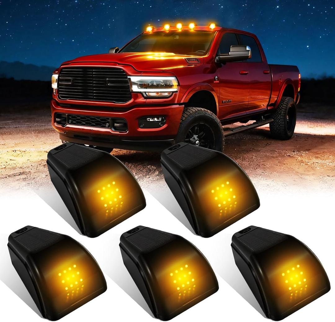 Keiurot Solar Cab Lights for Truck, Solar Powerws Cab Light Wirless with Vibration Sensor No Drill Car Roof Clearance Marker lights for Truck Pickup,Amber 5Pack