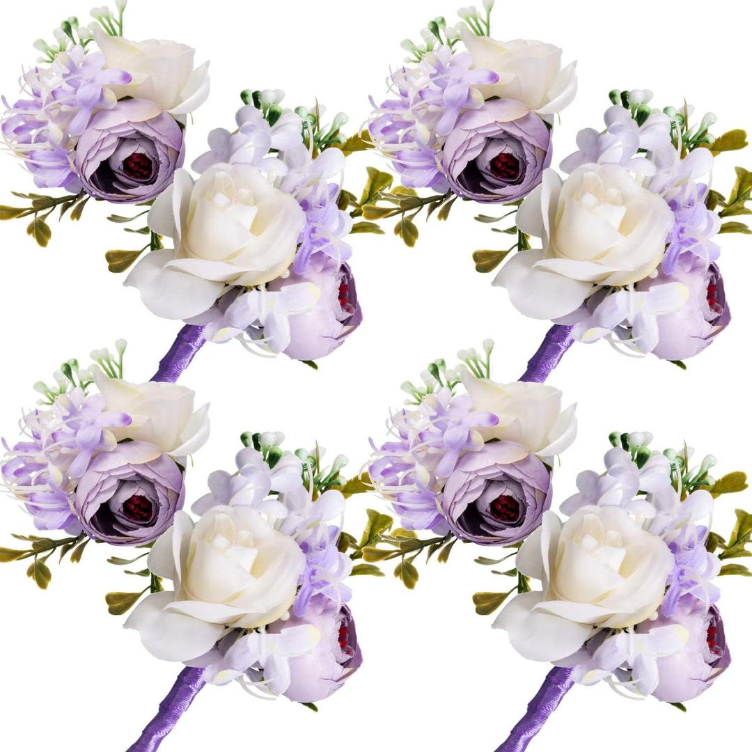 Boao 8 Pieces Artificial Rose Wrist Corsage and Boutonniere Set Wedding Corsage Wristband Roses Wedding Accessories for Bride Bridesmaid Groom (Purple)