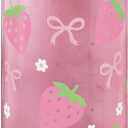 SANDJEST Strawberry 16 Oz Can Glass Tumbler with Acrylic Lid and Straw - Iced Coffee Cups for Women, Aesthetic Glass Cup Gift for Birthday Christmas