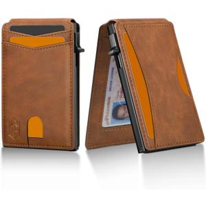 Zitahli Card Holder Wallet for Men, RFID Blocking Slim Wallet with ID window,Pop Up Metal credit card holder, Bifold Minimalist Wallet idea gifts for men (03-Brown)