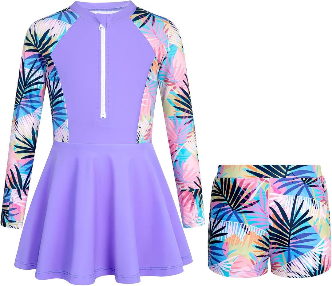 HOZIY Girls Long Sleeve Swimsuit Two Piece Rash Guard Dress with Swim Shorts Front Zip for Kids Tween Teens UPF 50+, 9-10Y