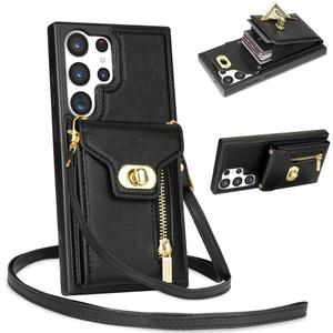 Crossbody Wallet Case for Samsung Galaxy S24 Ultra, Flip Leather Purse Case with Card Holder, Protective Handbag Women Phone Cover with Zipper Long Strap for Samsung S24 Ultra, Black