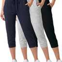 Real Essentials 3-Pack: Women's Ultra Soft Lounge Capri Joggers Sweatpants Athletic Yoga with Pockets Standard, Medium, Set 10
