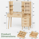 Fluted Vanity Desk with Mirror and LED Lights, Glass Top Makeup Vanity with 5 Drawers, Light Brown