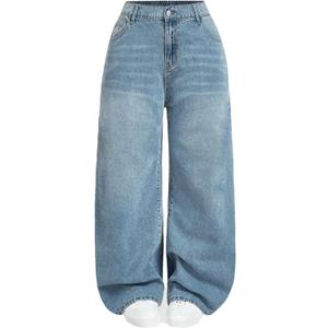 High Waist Wide Leg Jeans, Light Blue Denim, Elastic Waistband, Baggy Fit (3X)