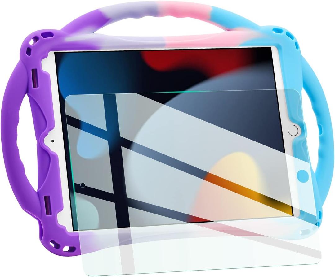 TopEsct Kids Case for iPad 10.2 inch - Shockproof Silicone Cover with Tempered Glass Screen Protector and Strap - Compatible with iPad 9th/8th/7th Gen (2021)" (Purple and Turquoise)