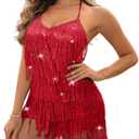 Women Halter Tassel Fringe Romper Layered Fringe Mini Dress Sexy Backless Short Jumpsuit Playsuit Disco Birthday Dance Outfit (Red, M)