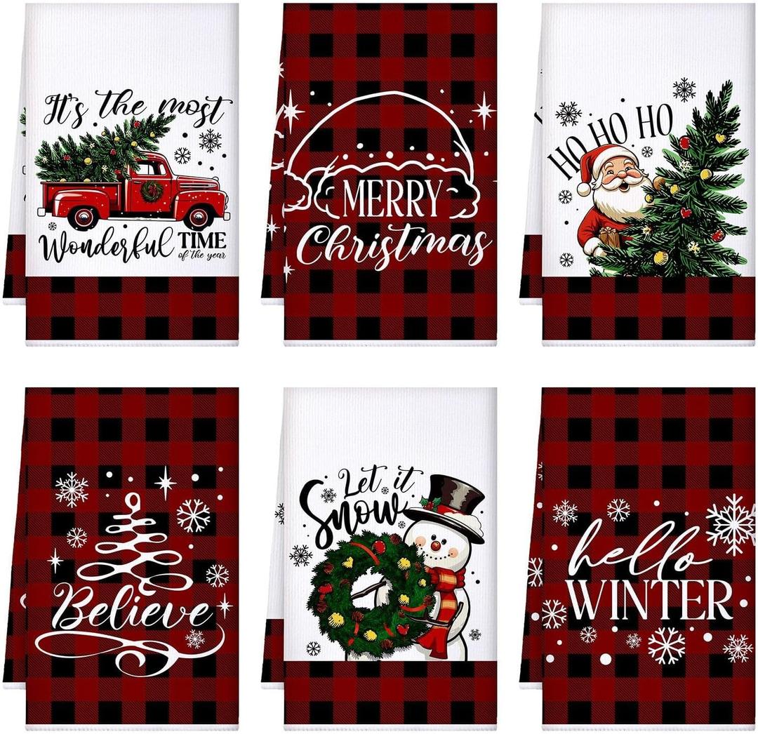 Preboun 6 Pcs Christmas Kitchen Towels Buffalo Check Plaid Dish Towels Winter Hand Towels Farmhouse Tea Towels Housewarming Gifts for Xmas Holiday Home Kitchen Decor (Red)