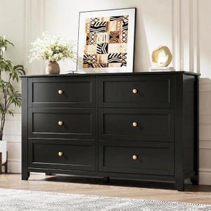 GarveeHome 6 Drawer Dresser for Bedroom, Black Dresser with Deep Drawers & Metal Knobs, Large Modern Wooden Chests of Drawers for Entryway, Hallway