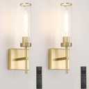 Gold Battery Operated Wall Sconce Set of 2, USB Rechargeable Wall Light with Remote Control, Brass Wireless Vanity Light Fixture with Bulbs(DC 5V), Glass Dimmable Sconce for Living Room Mirror Bedroom (15.94in wireless)
