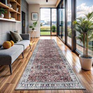 CAMILSON Printed Runner Rugs Oriental Retro Vintage Floral Area Rug 2x7 Non-Shedding Ultra Thin Super Strong Stain Resistant Indoor Carpet for Bathroom Hallway Kitchen (2 x 7 Rust Red)