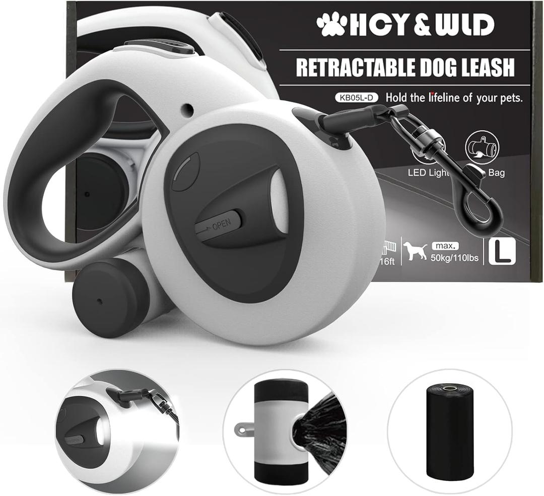 HCY&WLD Upgrade 4-in-1 Retractable Dog Leash with LED Light & Dispenser & Poop Bags, 16 ft Heavy Duty Dog Leash with Anti-Slip Handle for Dogs up to 110 lbs, 360° Tangle-Free, One Button Brake & Lock, Size: L - Max 110 lbs