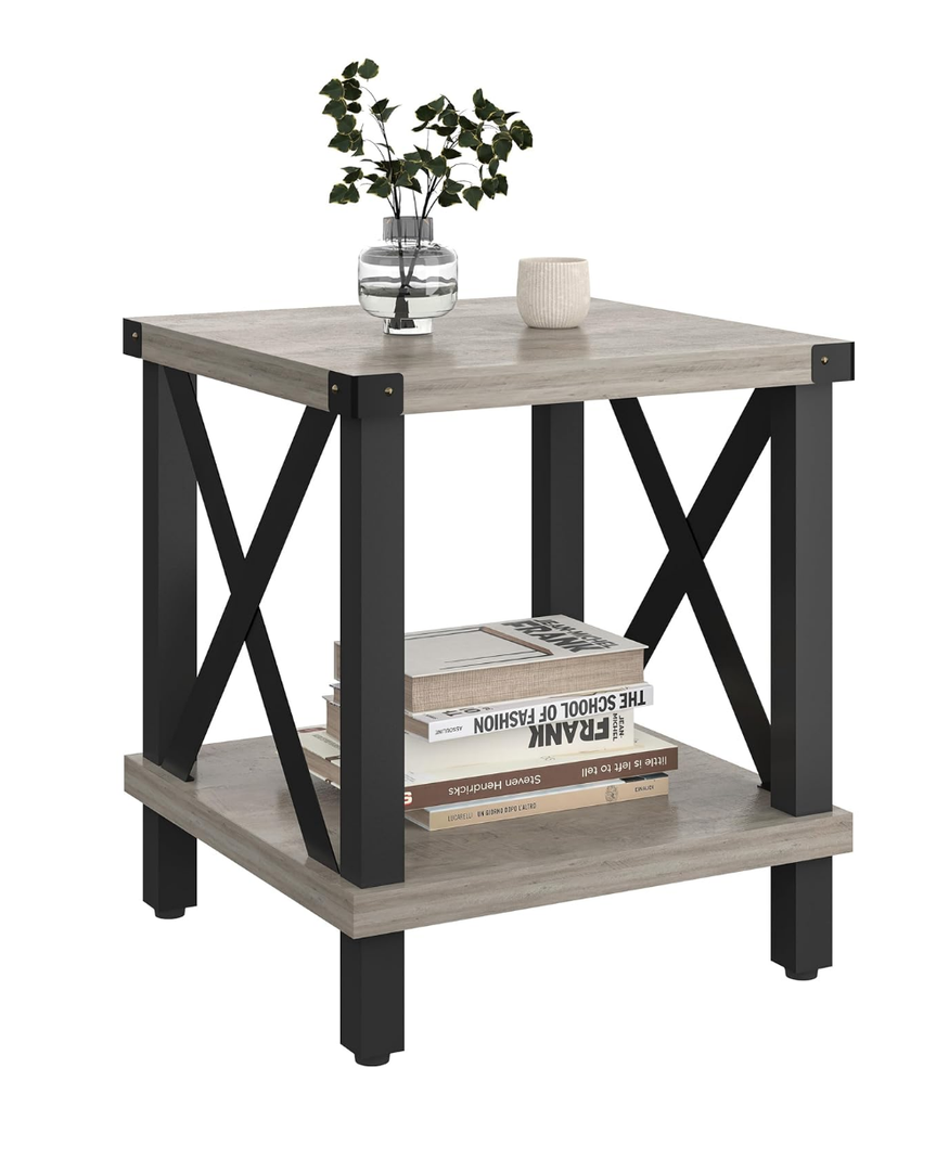 Large End Table Farmhouse Side Table Industrial Style Sofa Table Metal X Accent Wood Coffee Table NightStand with Storage Shelf for Living Room Bedroom Oak Grey MLBZ16Z